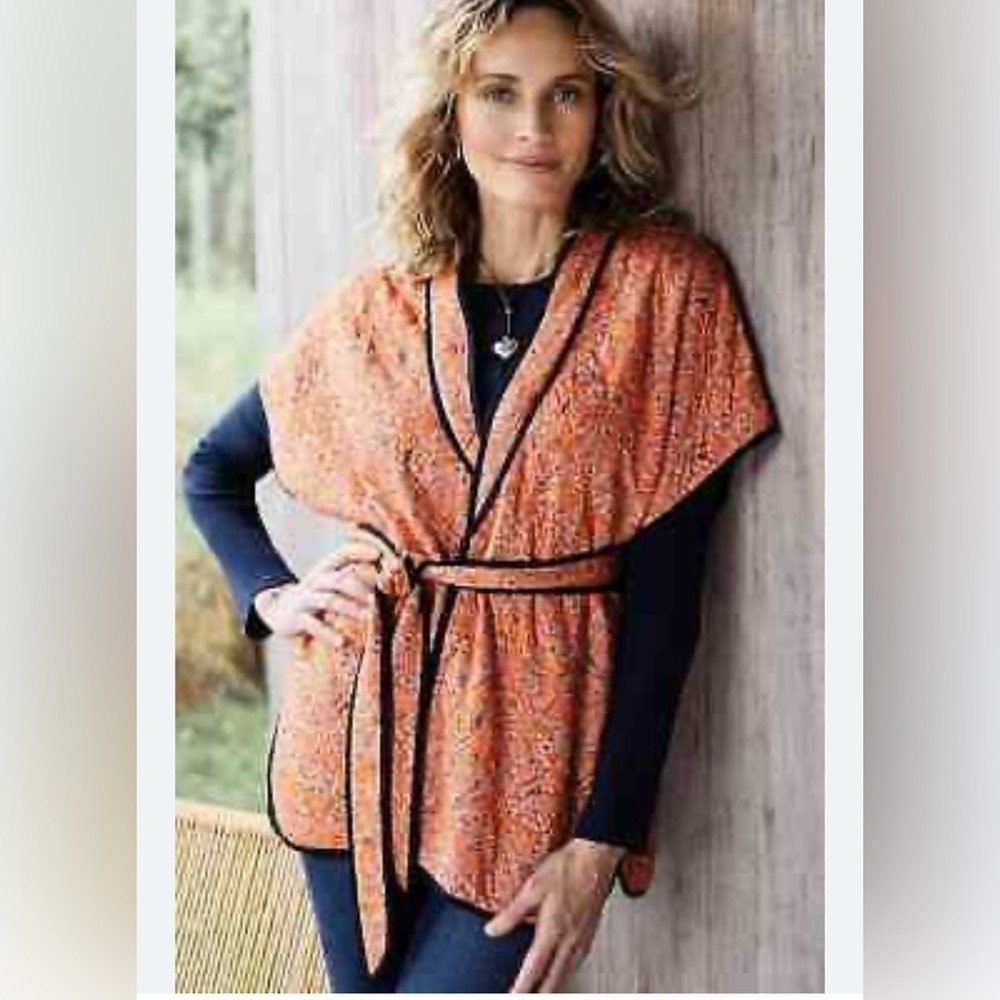 J JILL Ruana quilted kimono orange paisley belted coastal grandma vest NWOT S-L